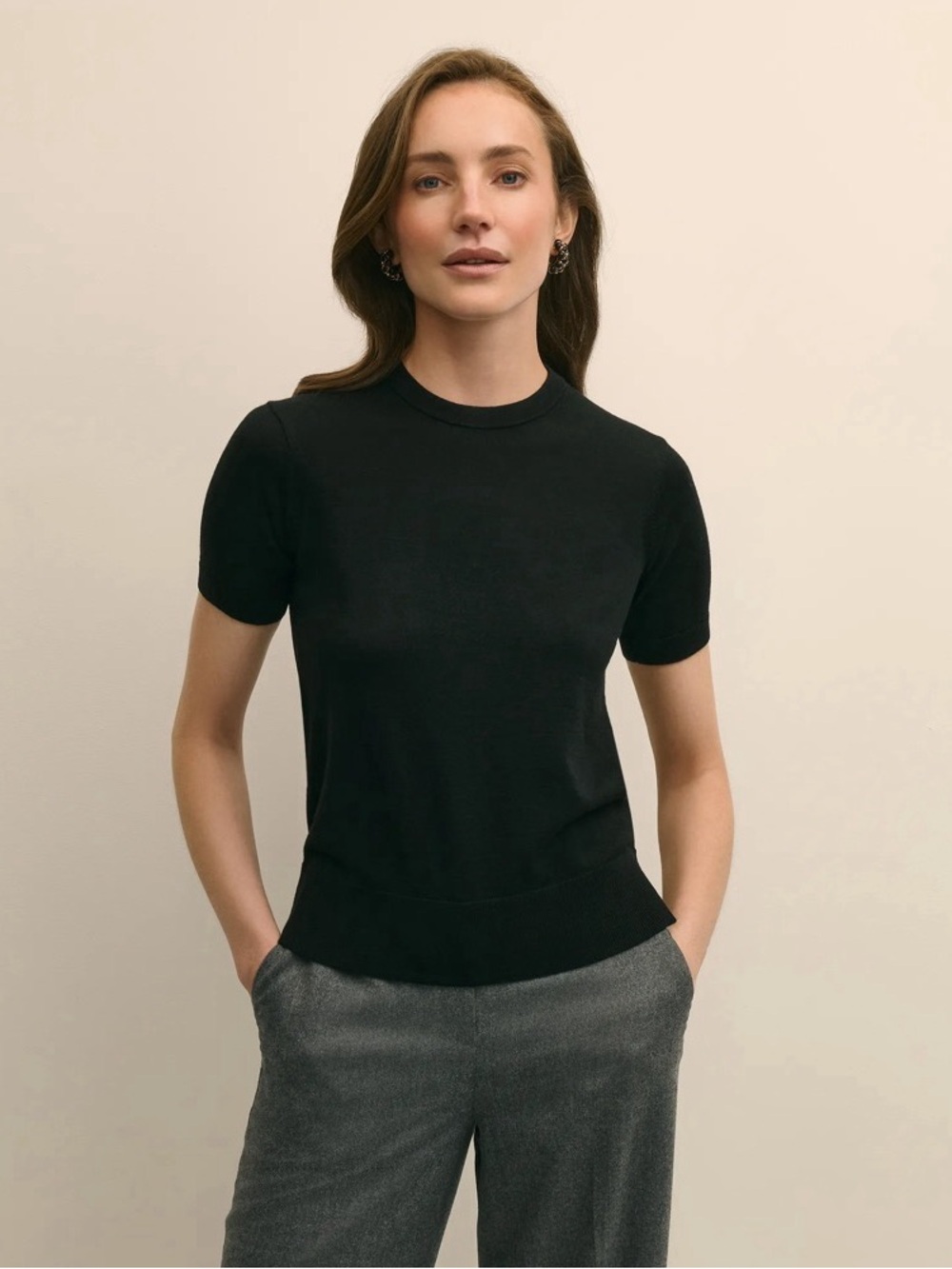 Brooks Brothers 100% Merino Wool Short Sleeve Sweater Black Fine Women Size XL
